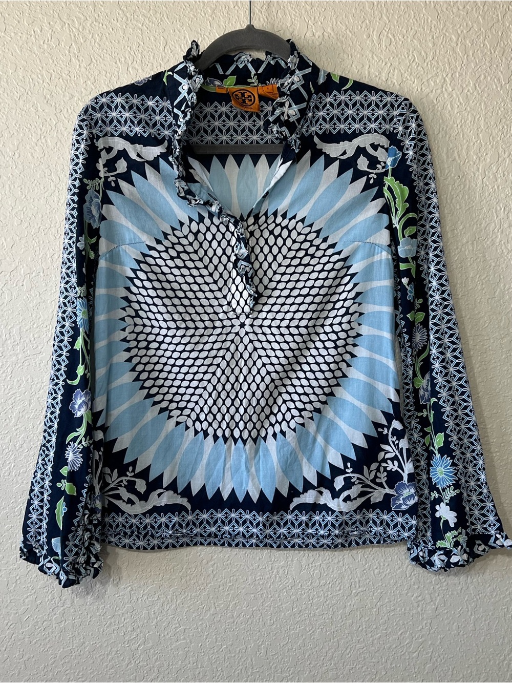 Tory Burch Women’s Blue Floral Medallion Ruffle Cotton Boho Blouse Size 2